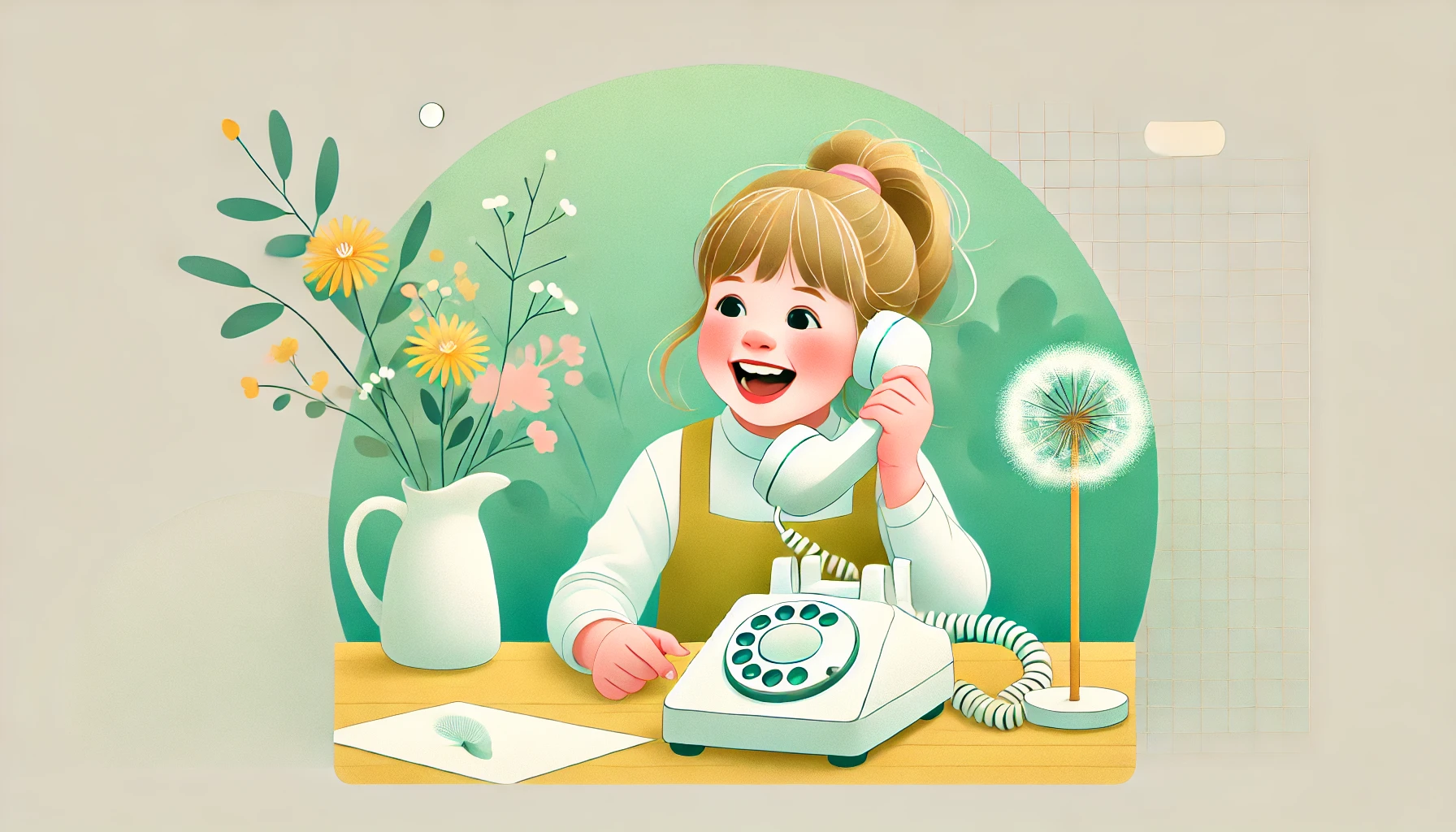 DALL·E 2025-01-27 14.51.15 - A joyful and nostalgic illustration for a website, featuring a 6-year-old girl talking happily on a vintage 1980s corded telephone. The girl is full o